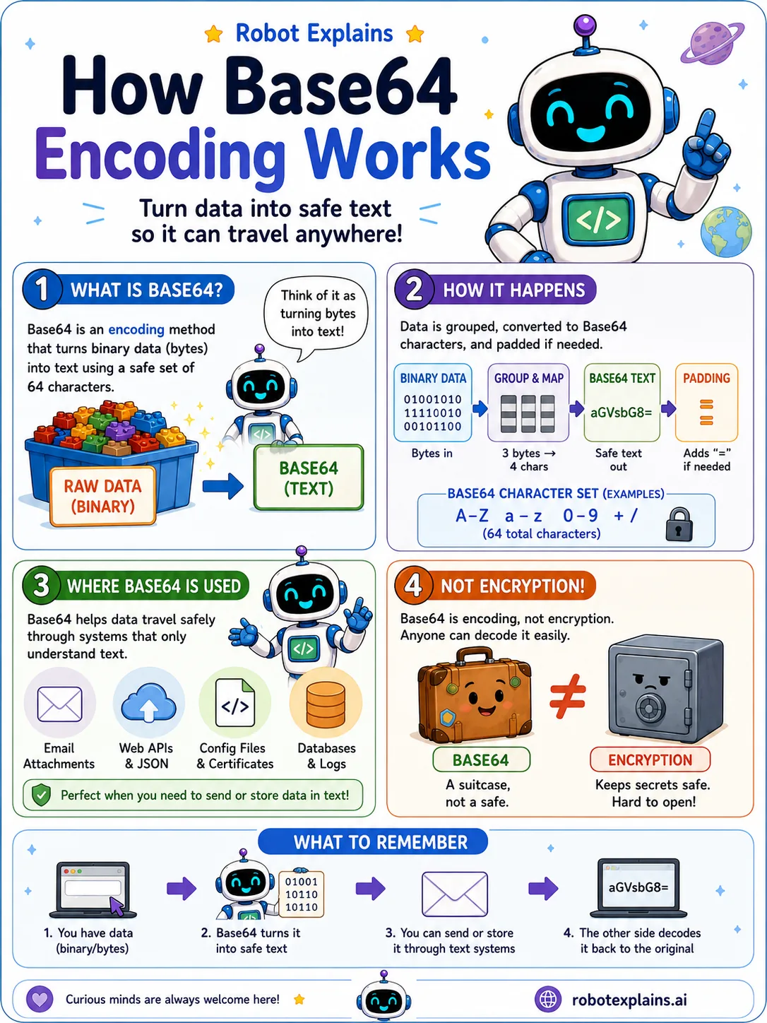 Infographic: Base64 Encoding. Turning data into text so computers can send it. Encoding, not encryption.