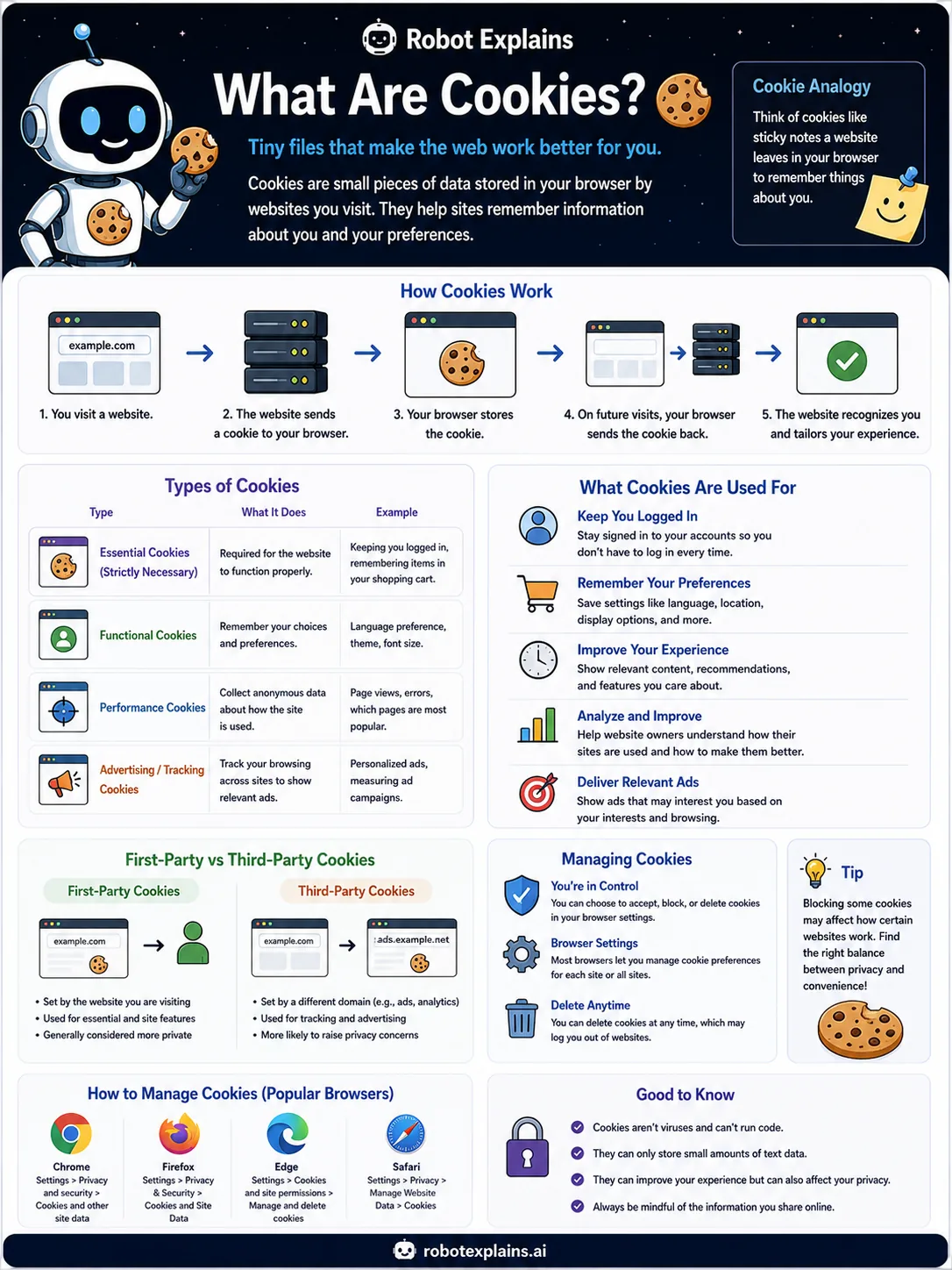 Infographic: What Are Cookies?. Little notes a website saves so it can remember you.