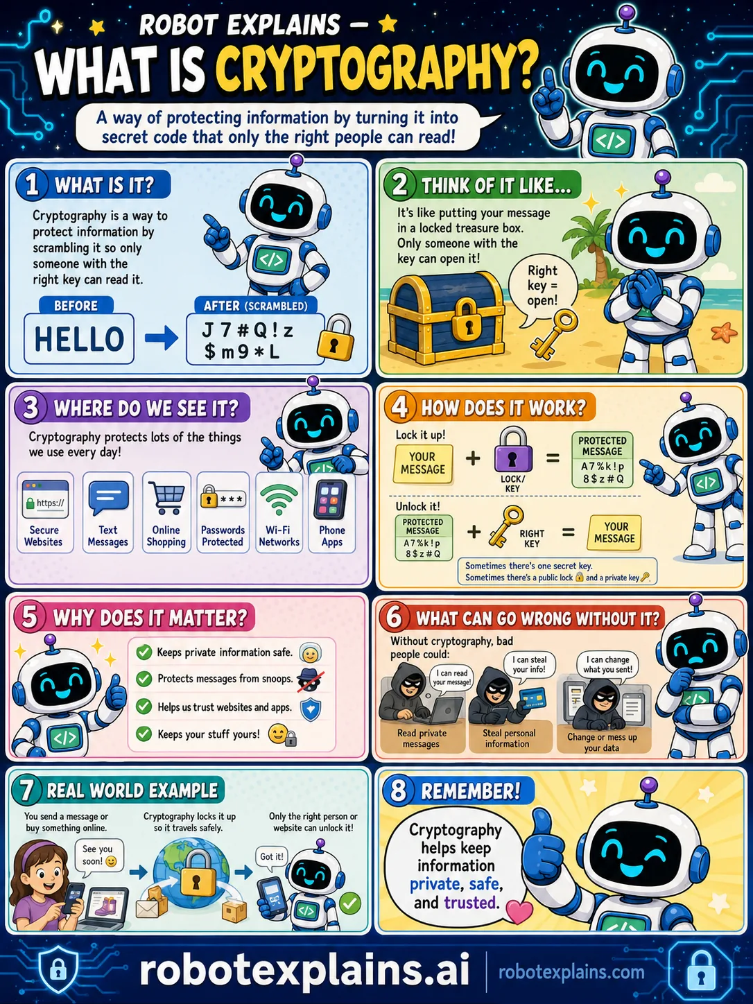 Infographic: What Is Cryptography?. Protecting information by turning it into secret code only the right people can read.