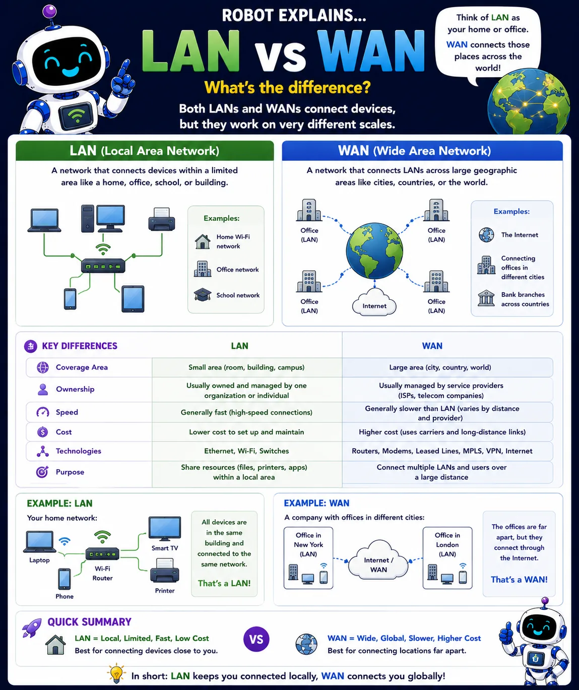 Infographic: LAN vs. WAN. Local networks vs. the wide networks that connect places across the world.