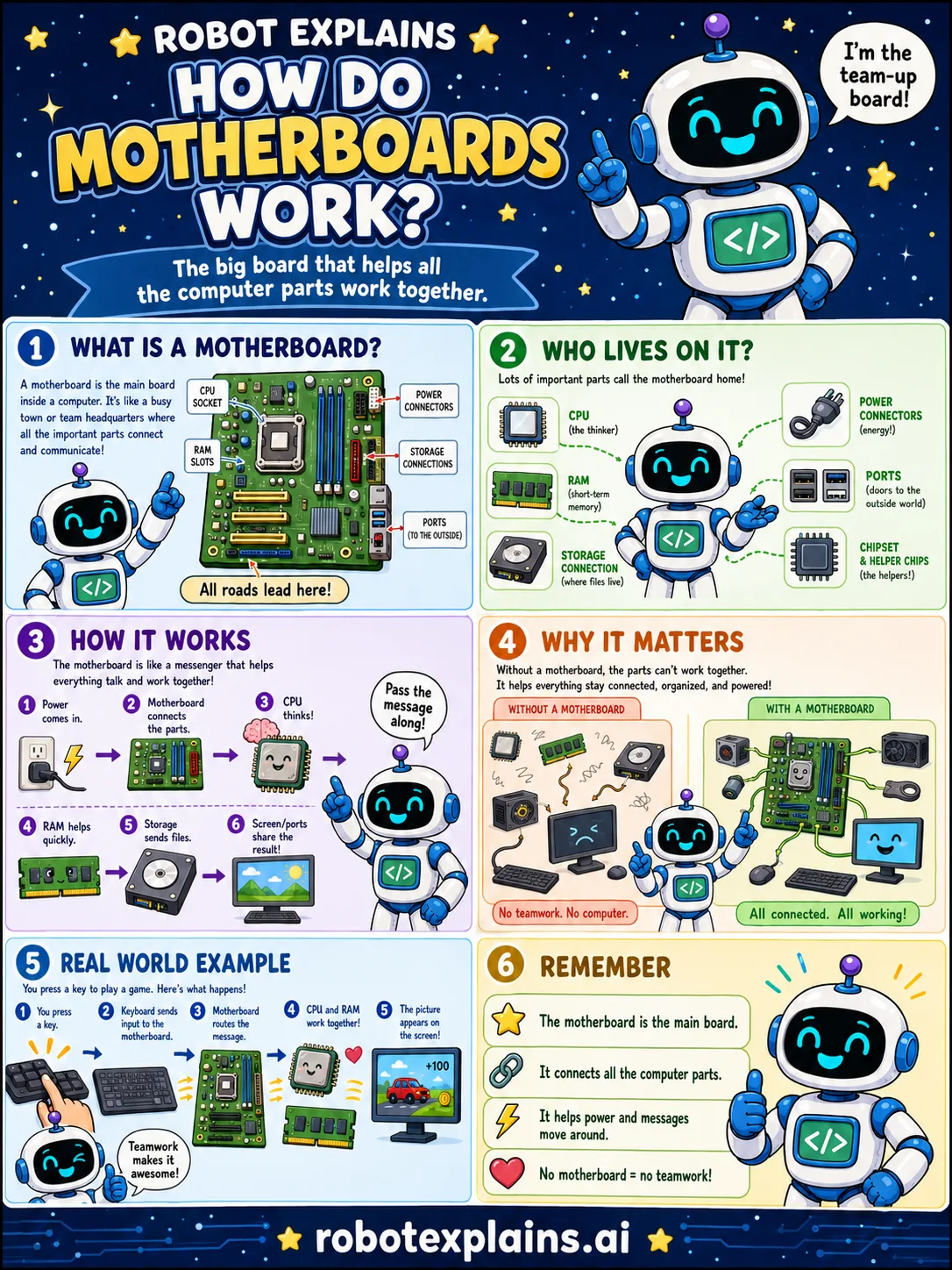 Infographic: How Do Motherboards Work?. The big board that helps all the computer parts work together.