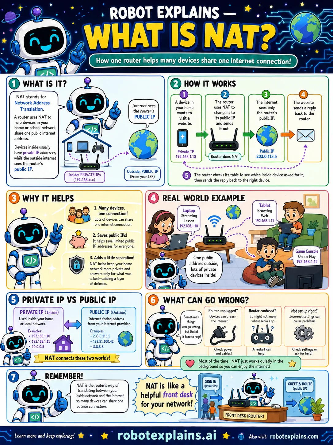 Infographic: What Is NAT?. How one router lets many devices share one internet connection.