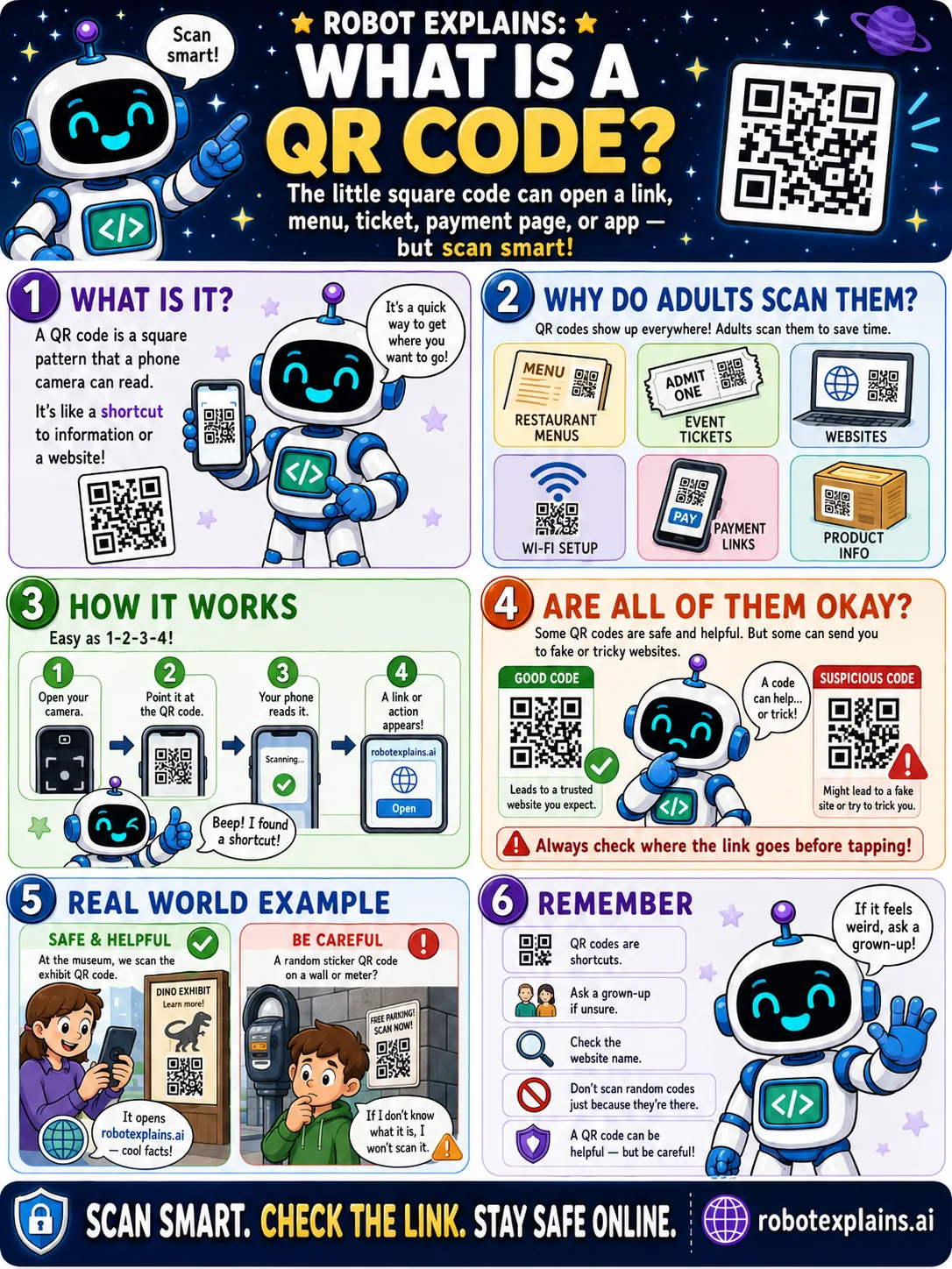 Infographic: What Is a QR Code?. A square code that opens a link, menu, or app. Scan smart.