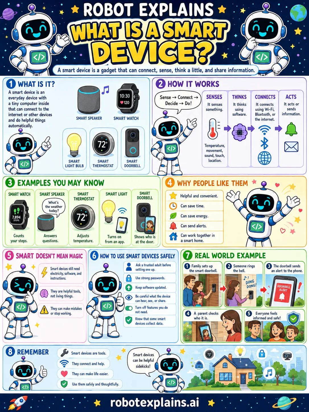 Infographic: What Is a Smart Device?. A gadget that can connect, sense, think a little, and share info.