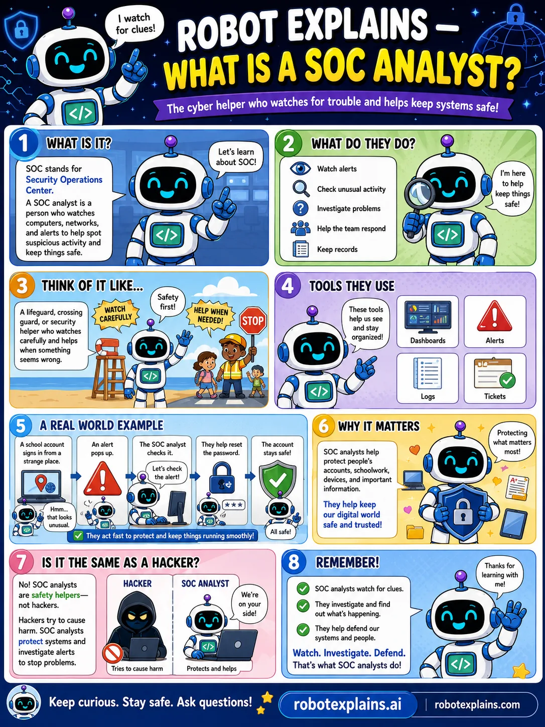 Infographic: What Is a SOC Analyst?. The cyber helper who watches for trouble and keeps systems safe.