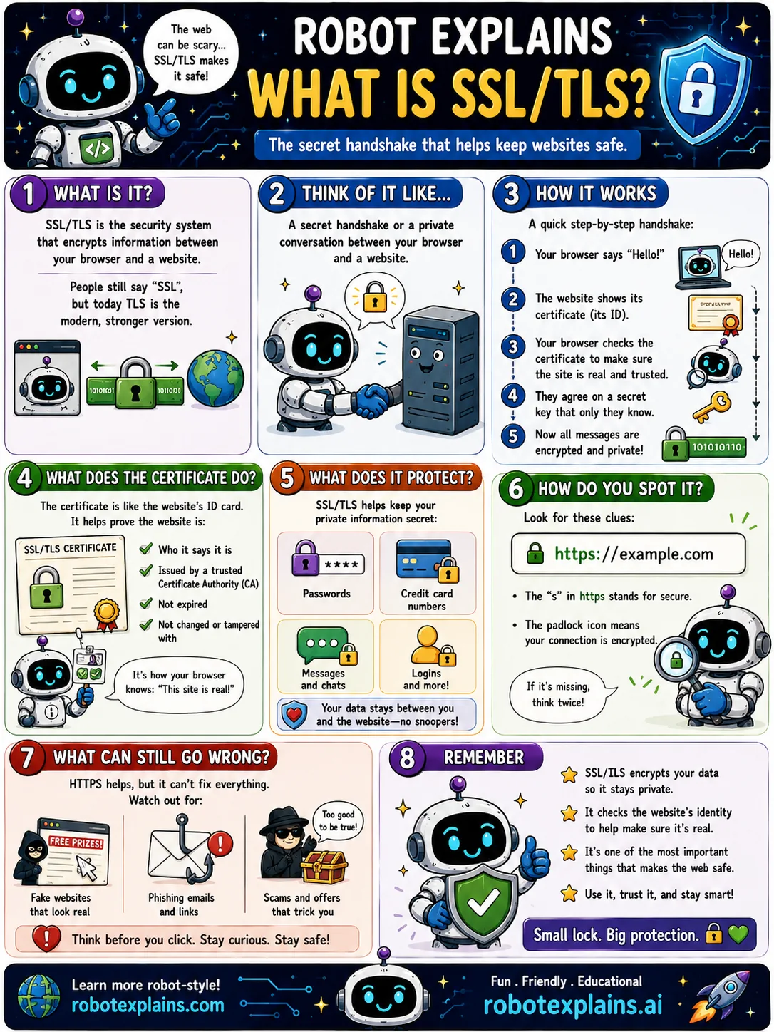 Infographic: SSL / TLS. How your browser talks safely to websites. The padlock, explained.