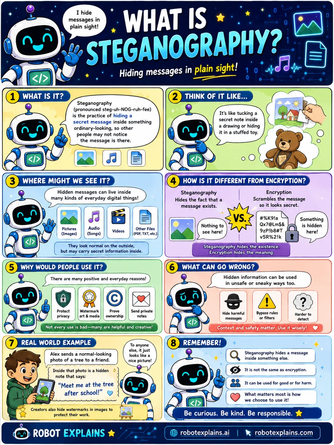 Infographic: What Is Steganography?. Hiding a message inside something ordinary, in plain sight.