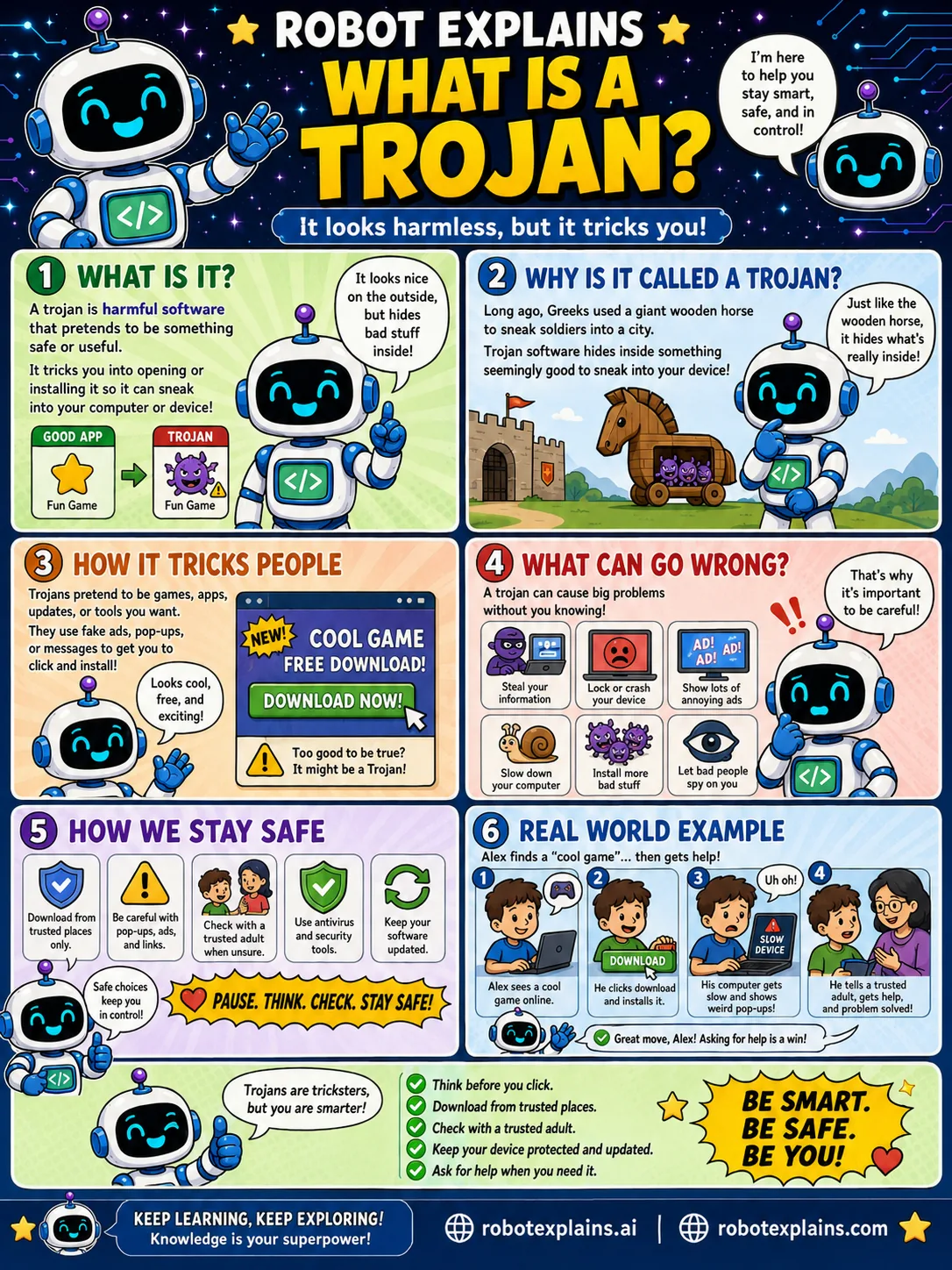 Infographic: What Is a Trojan?. Harmful software that pretends to be something safe to trick you.
