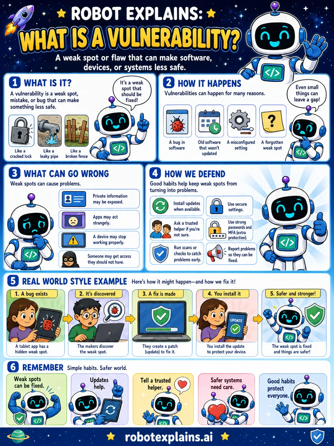 Infographic: What Is a Vulnerability?. A weak spot or flaw that can make software less safe.