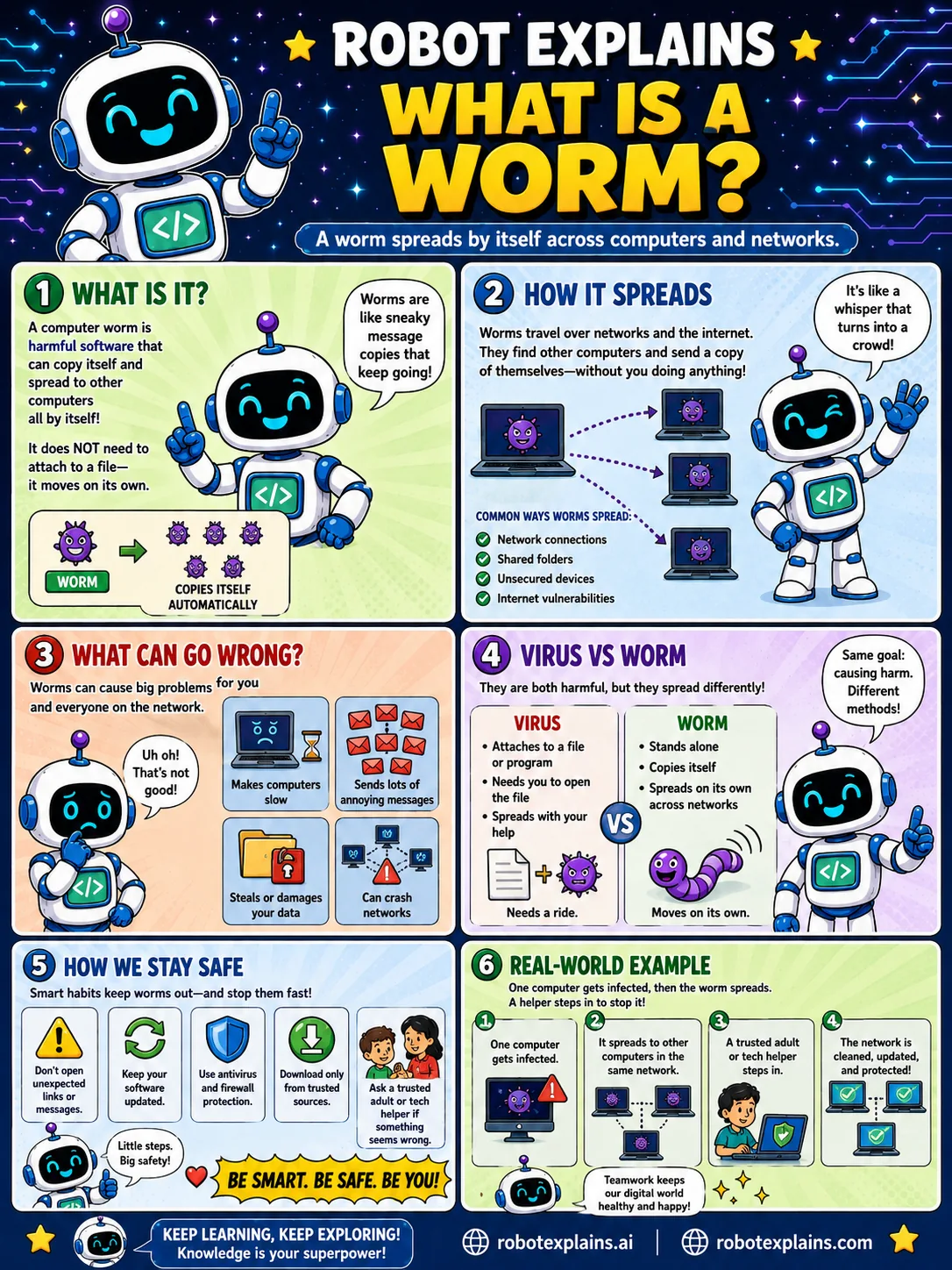 Infographic: What Is a Worm?. Harmful software that copies itself across computers all by itself.